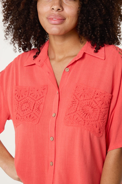 Crochet &amp; Linen Loose Fit Shirt