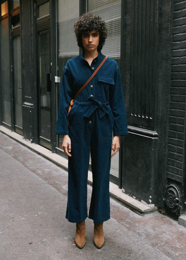 FRNCH Ady Bleu Marine Cord Belted Jumpsuit