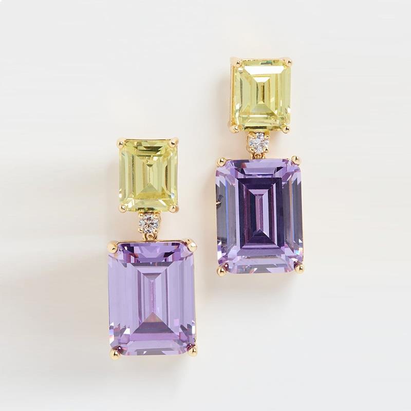 Twin Gem Crystal Earrings in Gold - Lilac and Yellow