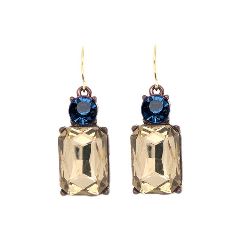 Twin Gem Crystal Drop Earrings in Antique Gold In Smoke &amp; Deep Blue