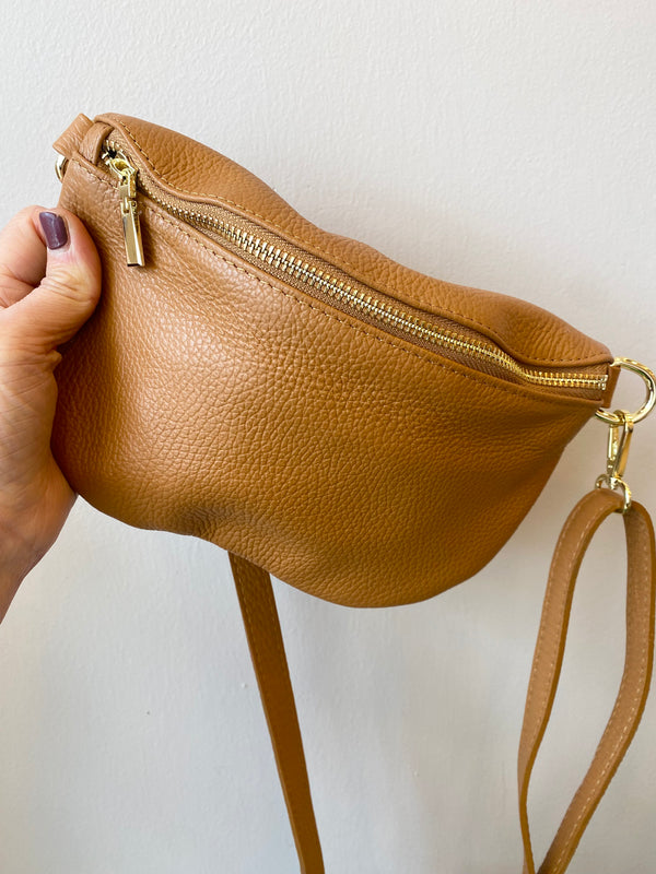 Leather Half Moon Crossbody Bag Tan