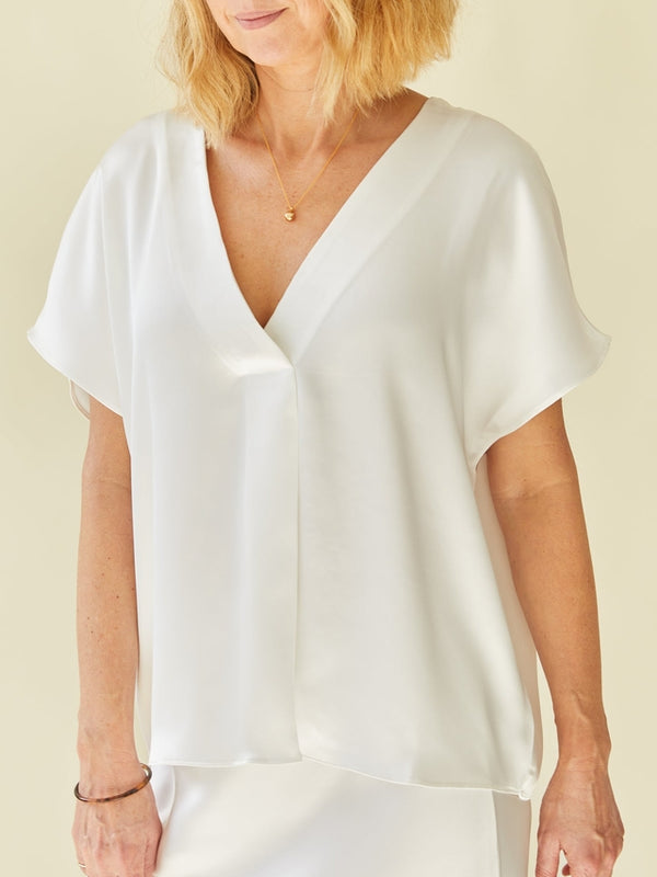 Avery Satin Top in White with V-Neck and Short Sleeve (One Size)