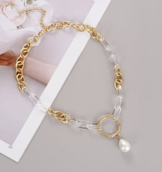 Gracee Gold Acrylic and Pearl Chain Necklace