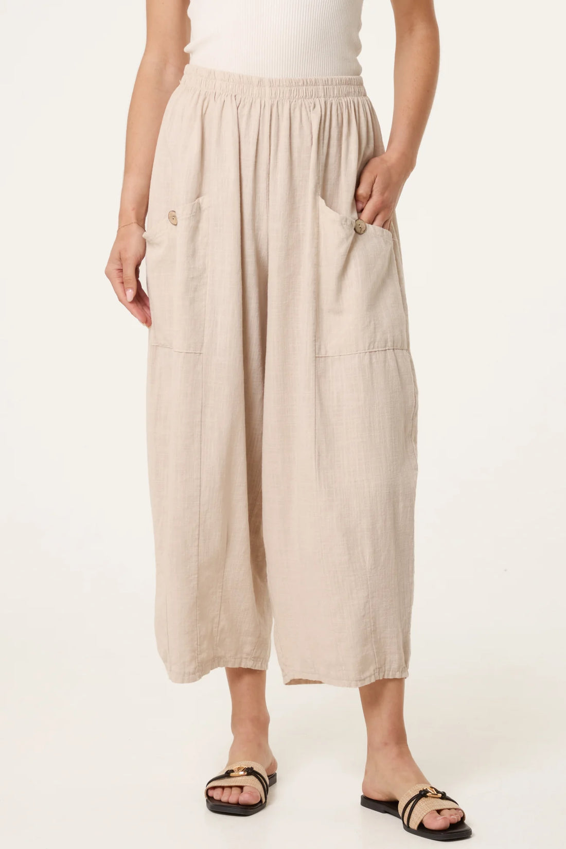 Wide Pocket Front Button Cotton Trouser in Beige