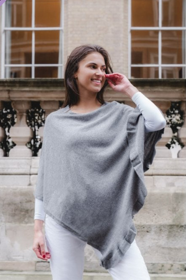 Cashmere Mix Poncho with Frill Detailing in Slate (ONE SIZE)