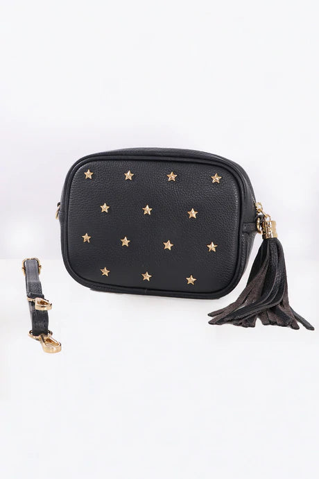 Black Crossbody Leather Bag with Gold Star Studs (Adjustable Leather Strap Also Included